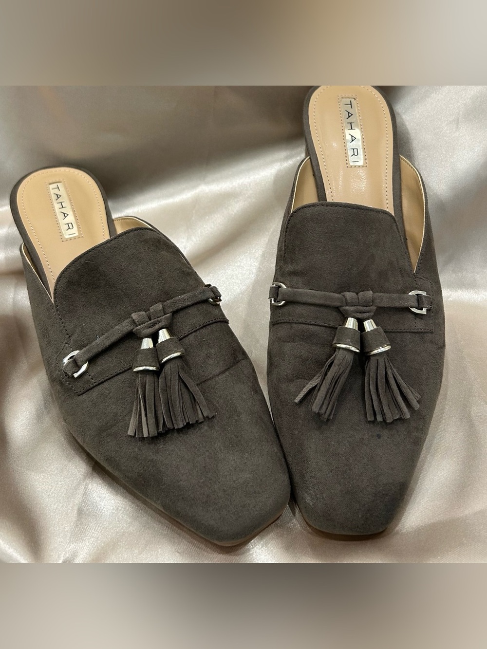 Tahari Women's Olive Suede Tassel Mules
